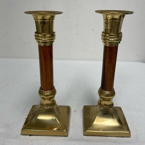 VTG Brass & Wood Candlesticks Candle Holders 7” MCM Matching Pair Square Base